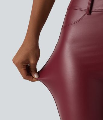 Legging corsaire casual taille haute extensible en simili cuir avec poches