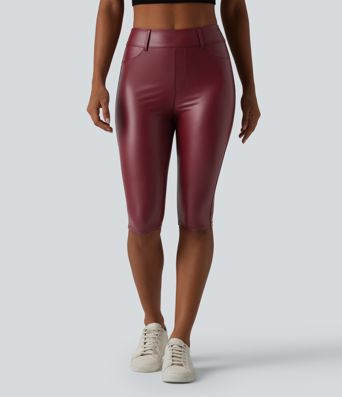 Legging corsaire casual taille haute extensible en simili cuir avec poches