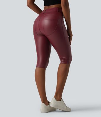 High Waisted Stretchy PU Casual Pedal Pushers Leggings with Pockets