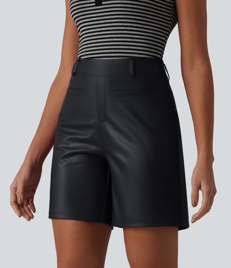 High Waisted Stretchy PU Casual Shorts with Pockets