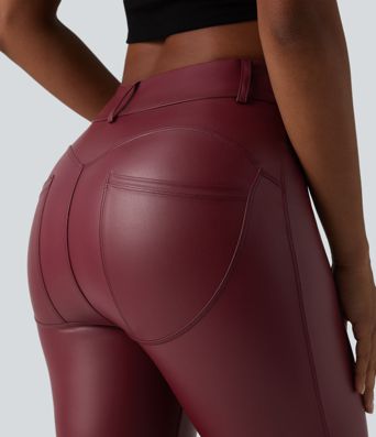 Legging corsaire casual taille haute extensible en simili cuir avec poches