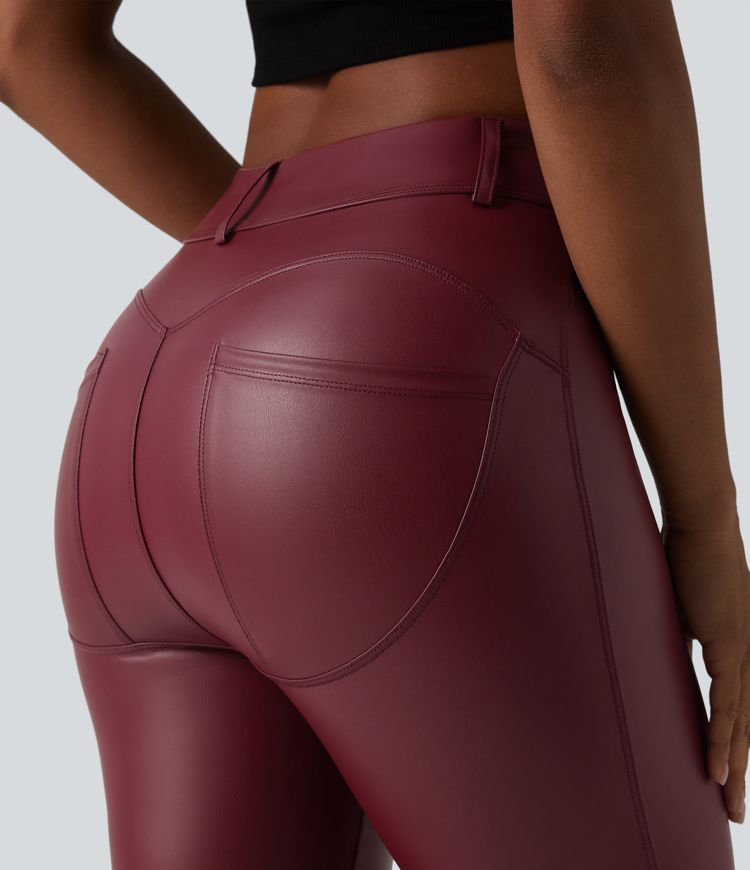 Legging corsaire casual taille haute extensible en simili cuir avec poches