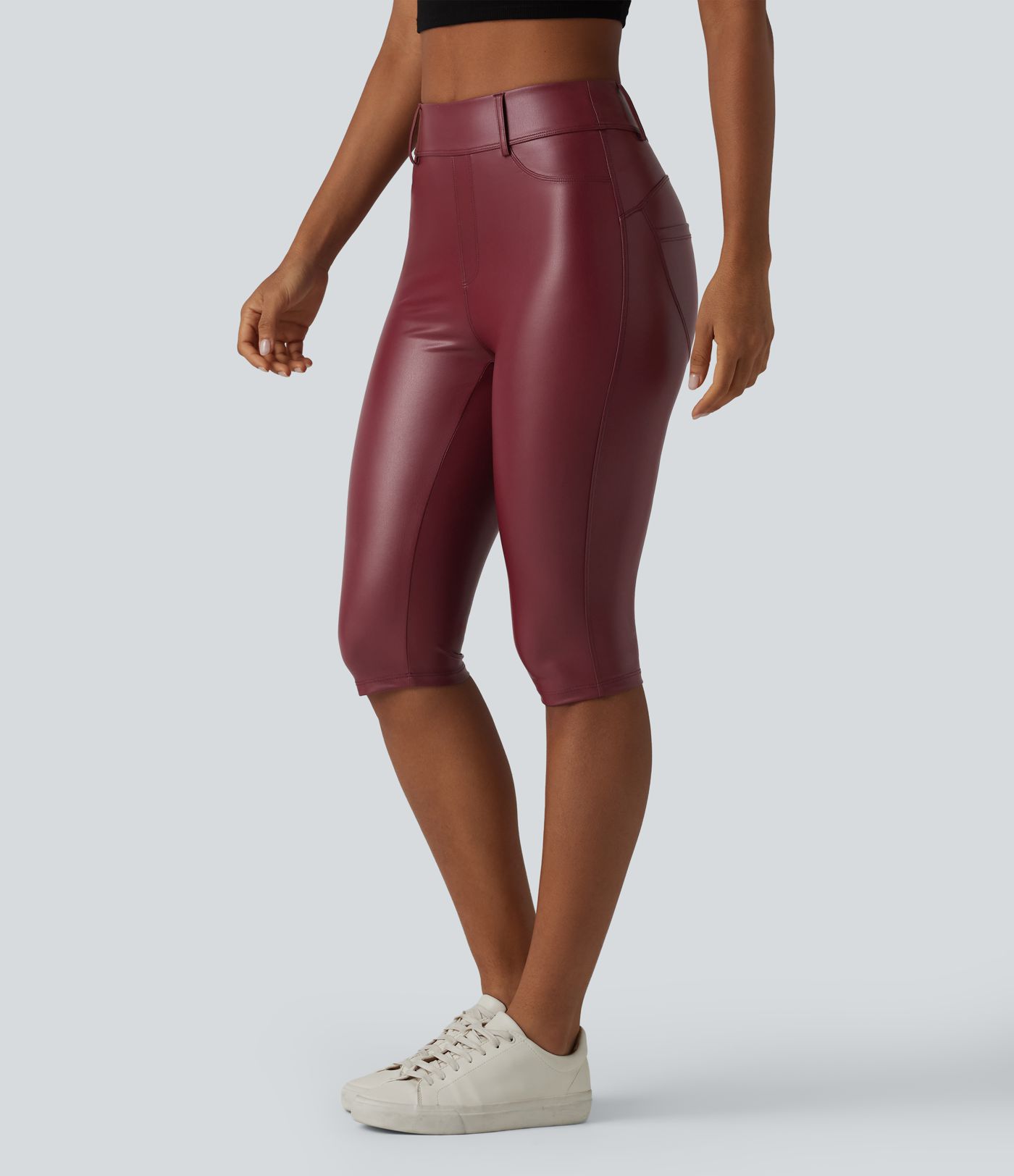 Legging corsaire casual taille haute extensible en simili cuir avec poches