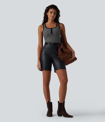 High Waisted Stretchy PU Casual Shorts with Pockets