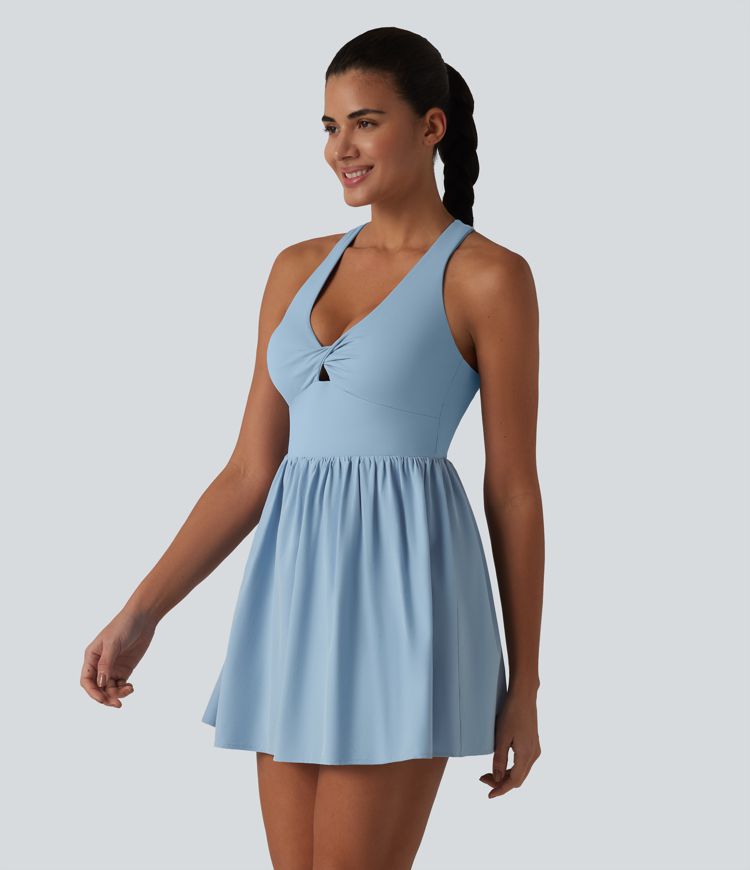 Breezeful™ V Neck Built-in Bra Racerback 2-in-1 Quick Dry Mini Tennis Active Dress with Pockets-Easy Peezy Edition