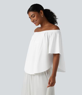 T-shirt épaules dénudées manches courtes avec fente, ourlet arrondi et soutien-gorge intégré coupe décontractée