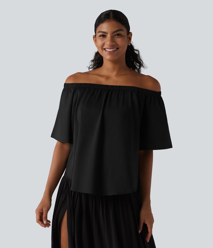 Off-shoulder Short Sleeve Split Curved Hem Built-in Bra Relaxed Casual T-Shirt Off-shoulder Short Sleeve Split Curved Hem Built-in Bra Relaxed Casual T-Shirt