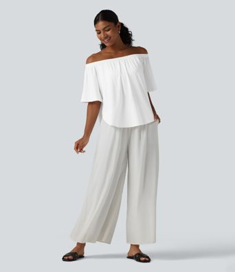 T-shirt épaules dénudées manches courtes avec fente, ourlet arrondi et soutien-gorge intégré coupe décontractée