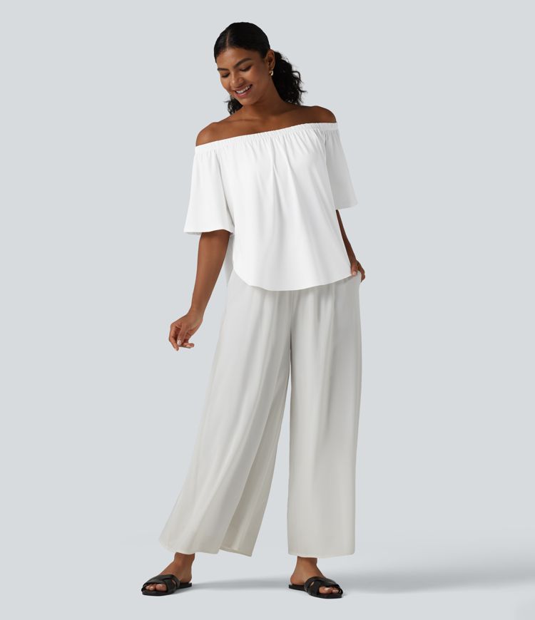 T-shirt épaules dénudées manches courtes avec fente, ourlet arrondi et soutien-gorge intégré coupe décontractée