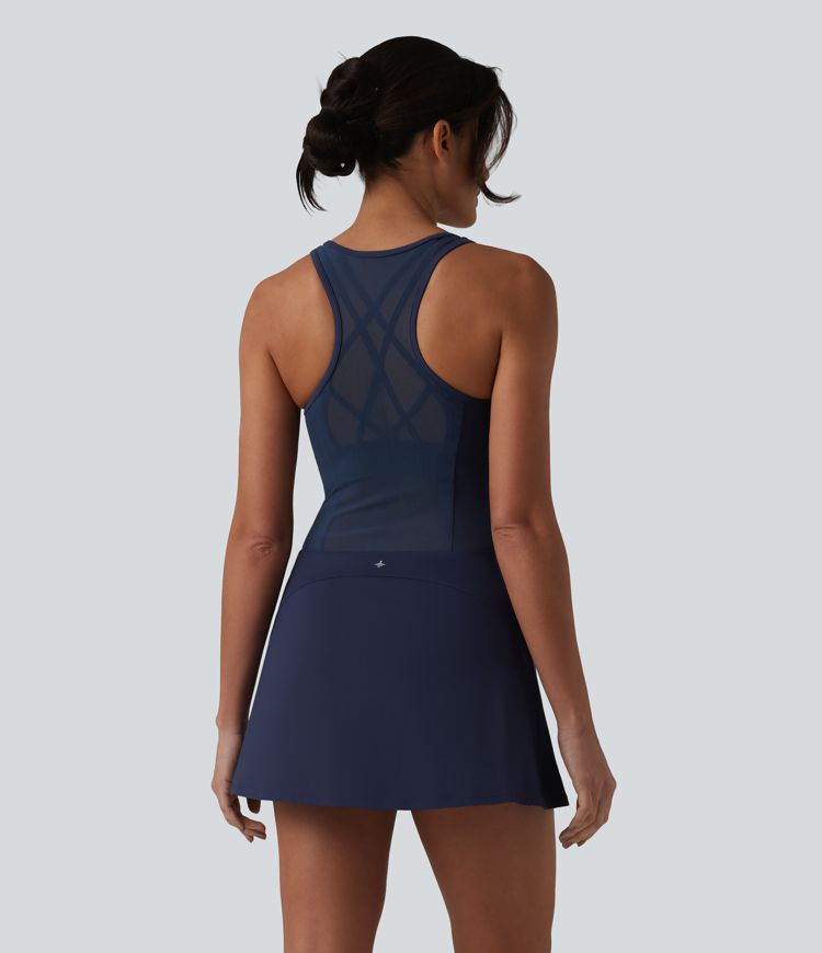 SoftlyZero™ Airy Crisscross Racerback Breathable Mesh 2-piece Built-in Bra Cool Touch Dance Active Dress with Pockets-UPF50+