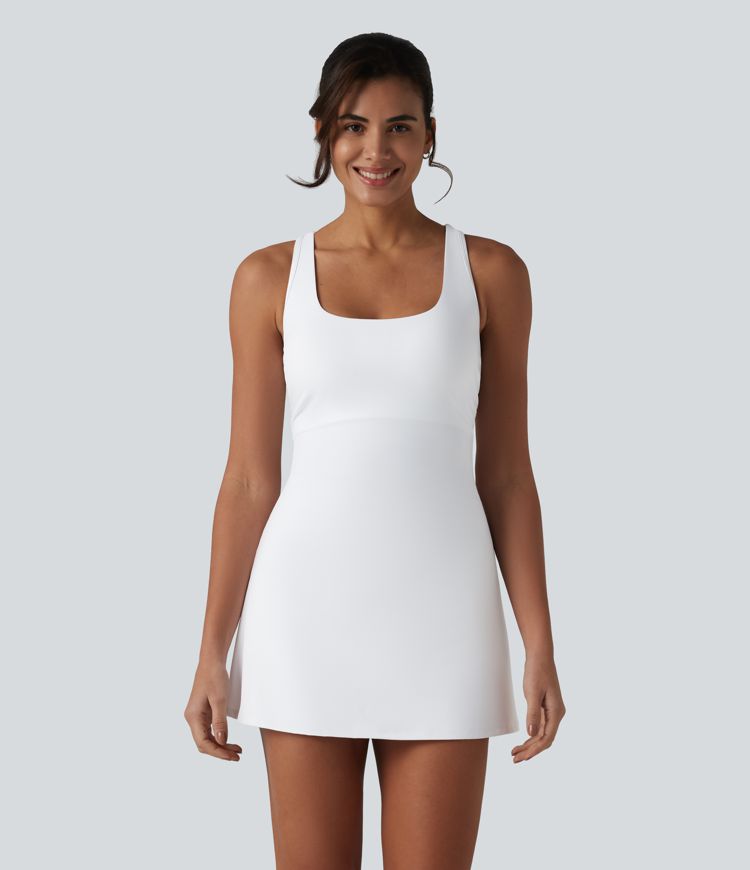 SoftlyZero™ Airy Crisscross Racerback Breathable Mesh 2-piece Built-in Bra Cool Touch Dance Active Dress with Pockets-UPF50+