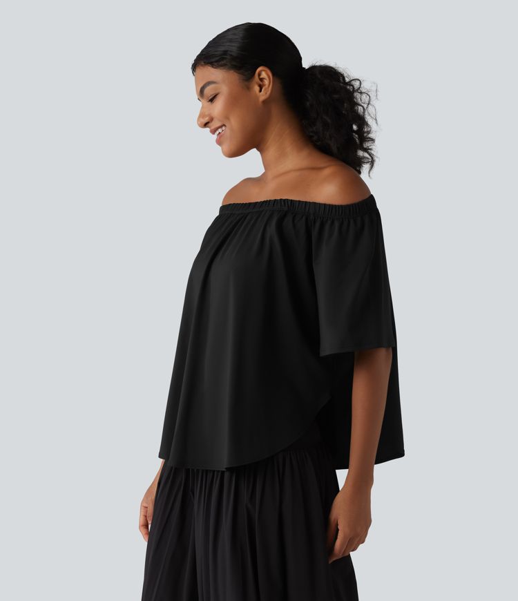 Off-shoulder Short Sleeve Split Curved Hem Built-in Bra Relaxed Casual T-Shirt Off-shoulder Short Sleeve Split Curved Hem Built-in Bra Relaxed Casual T-Shirt