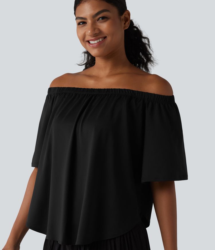 Off-shoulder Short Sleeve Split Curved Hem Built-in Bra Relaxed Casual T-Shirt Off-shoulder Short Sleeve Split Curved Hem Built-in Bra Relaxed Casual T-Shirt