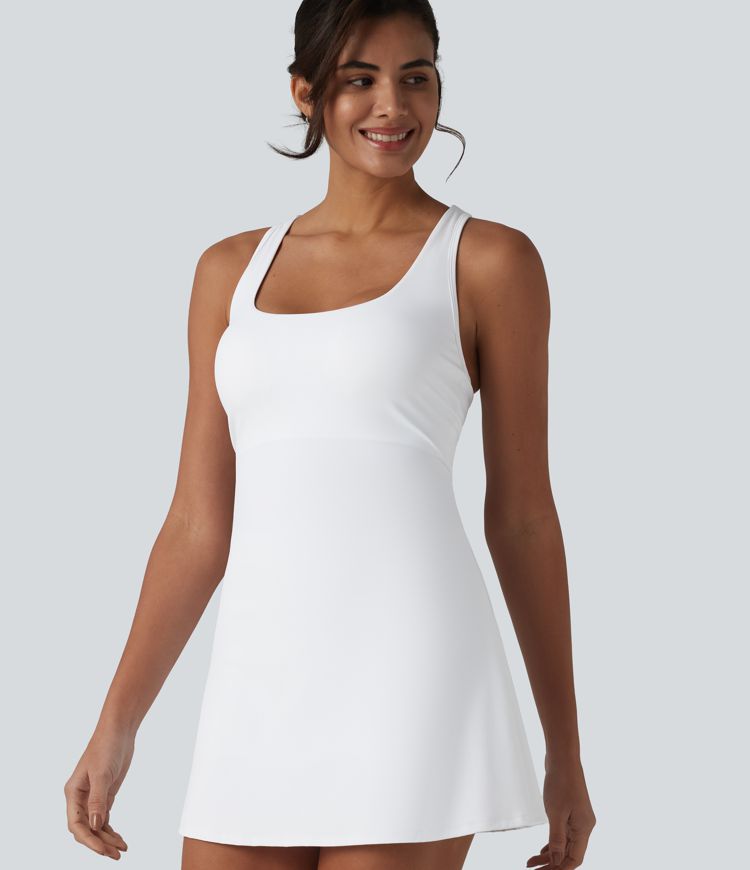 SoftlyZero™ Airy Crisscross Racerback Breathable Mesh 2-piece Built-in Bra Cool Touch Dance Active Dress with Pockets-UPF50+