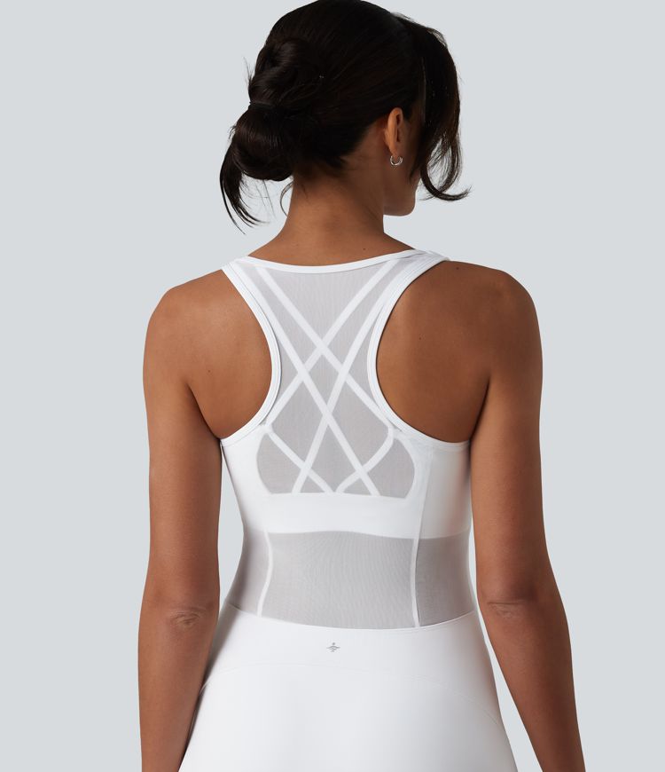 SoftlyZero™ Airy Crisscross Racerback Breathable Mesh 2-piece Built-in Bra Cool Touch Dance Active Dress with Pockets-UPF50+
