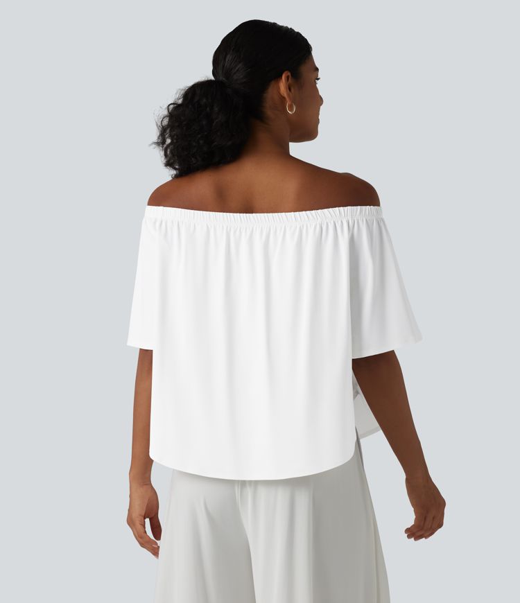 T-shirt épaules dénudées manches courtes avec fente, ourlet arrondi et soutien-gorge intégré coupe décontractée