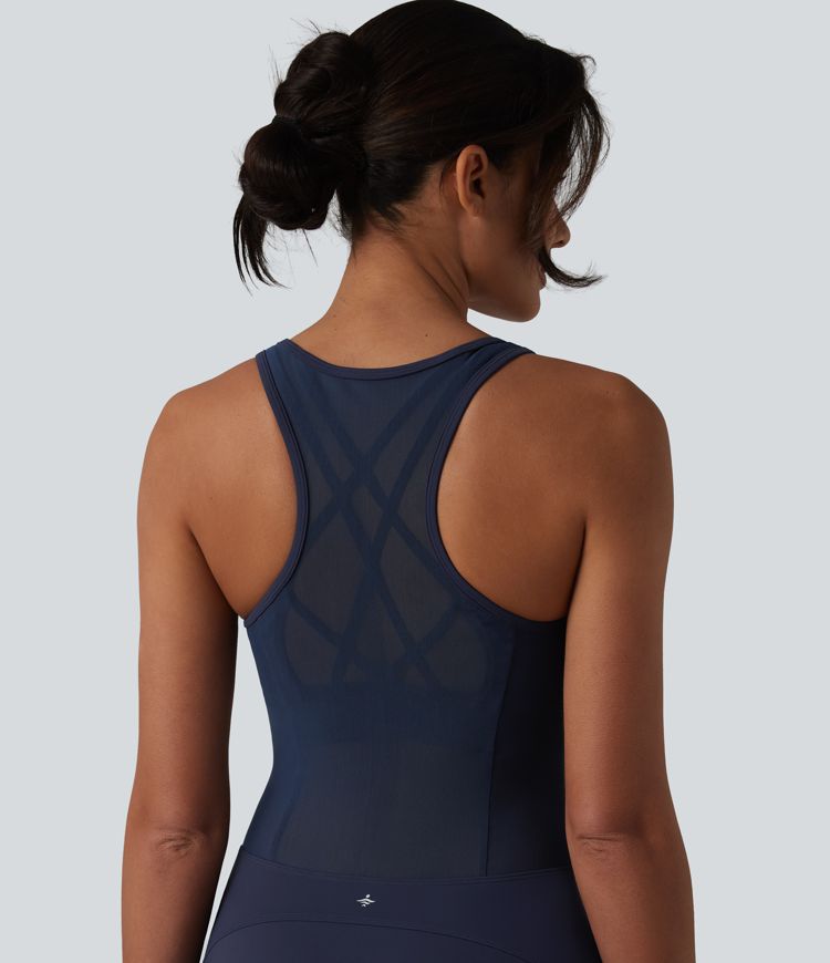 SoftlyZero™ Airy Crisscross Racerback Breathable Mesh 2-piece Built-in Bra Cool Touch Dance Active Dress with Pockets-UPF50+