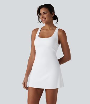 SoftlyZero™ Airy Crisscross Racerback Breathable Mesh 2-piece Built-in Bra Cool Touch Dance Active Dress with Pockets-UPF50+