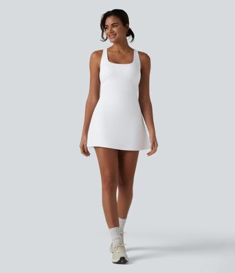 SoftlyZero™ Airy Crisscross Racerback Breathable Mesh 2-piece Built-in Bra Cool Touch Dance Active Dress with Pockets-UPF50+