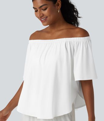 T-shirt épaules dénudées manches courtes avec fente, ourlet arrondi et soutien-gorge intégré coupe décontractée