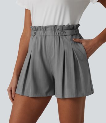 Ruffle High Waisted Pleated Stripe Casual Shorts 4'' with Pockets
