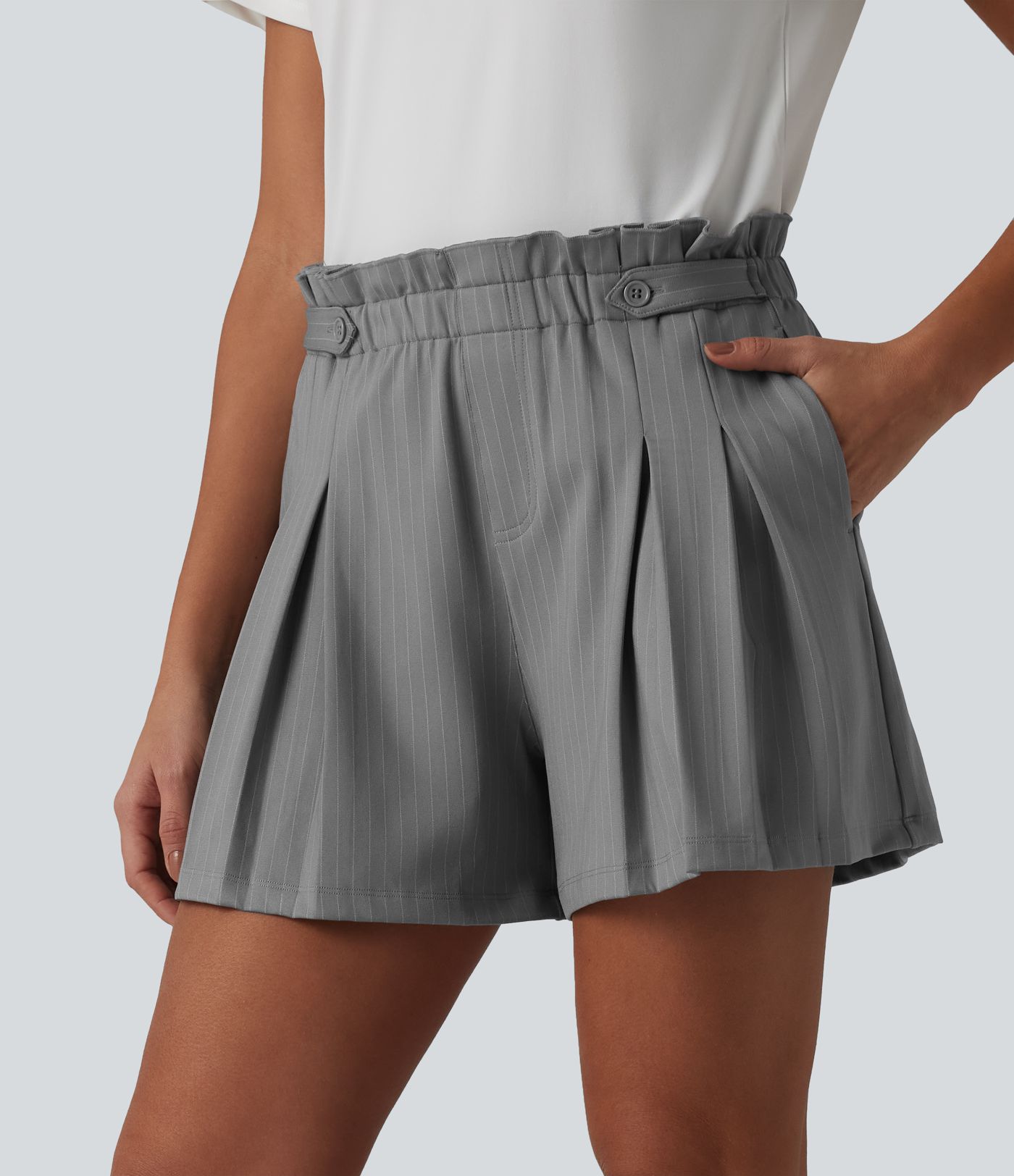 Ruffle High Waisted Pleated Stripe Casual Shorts 4'' with Pockets