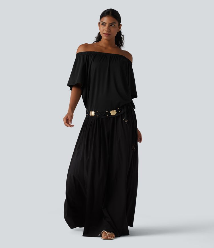 Off-shoulder Short Sleeve Split Curved Hem Built-in Bra Relaxed Casual T-Shirt Off-shoulder Short Sleeve Split Curved Hem Built-in Bra Relaxed Casual T-Shirt