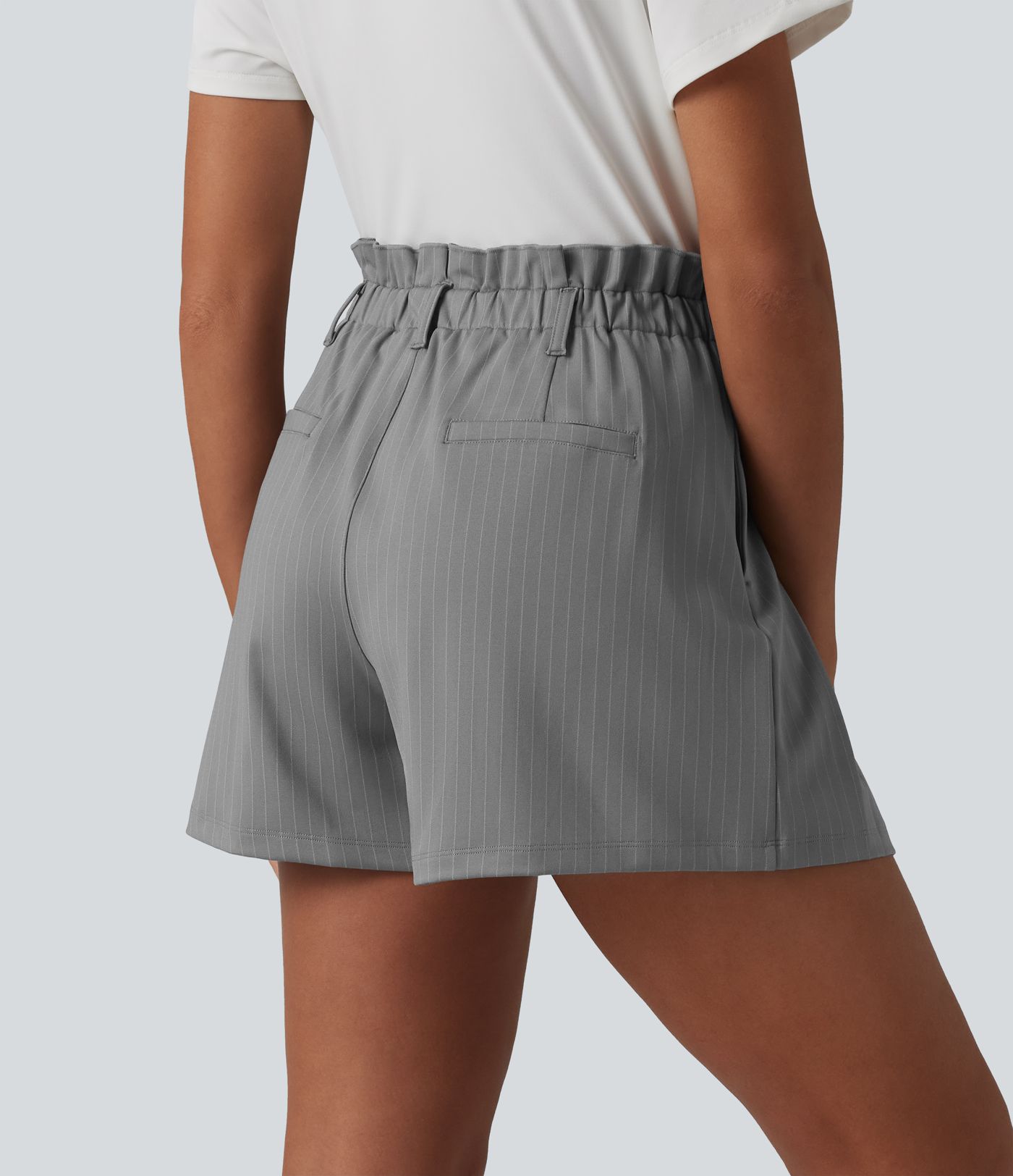 Ruffle High Waisted Pleated Stripe Casual Shorts 4'' with Pockets