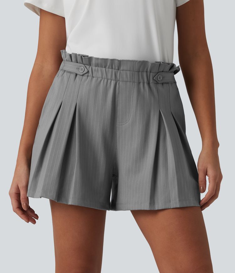 Rüschensaum High-Waist, plissierte gestreifte Freizeit-Shorts, 4'' mit Taschen