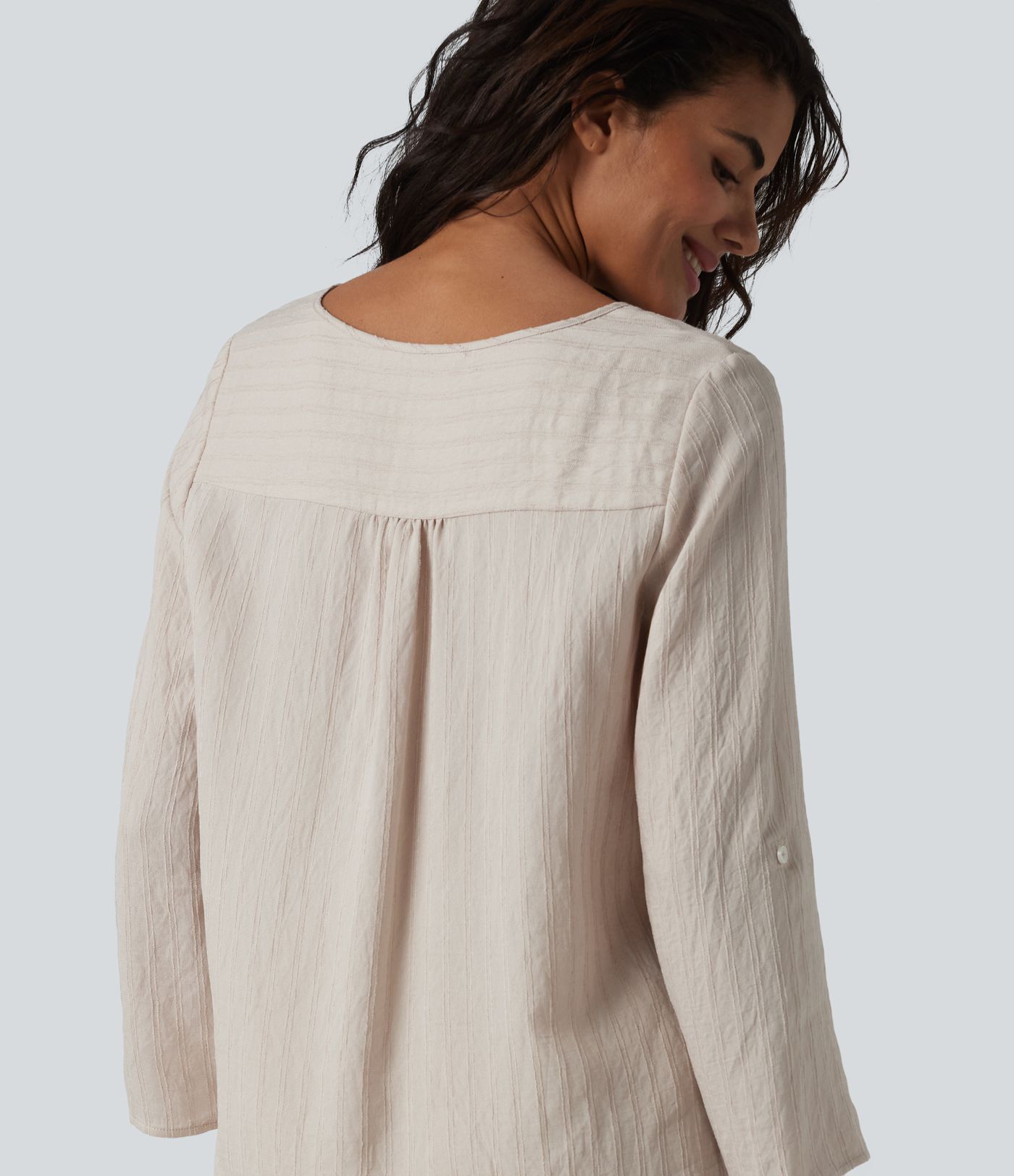 V-neck Roll Up Sleeve Linen-Blend Casual Top