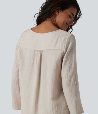 V-neck Roll Up Sleeve Linen-Blend Casual Top