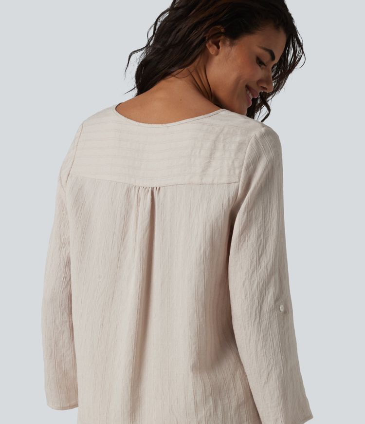 V-neck Roll Up Sleeve Linen-Blend Casual Top
