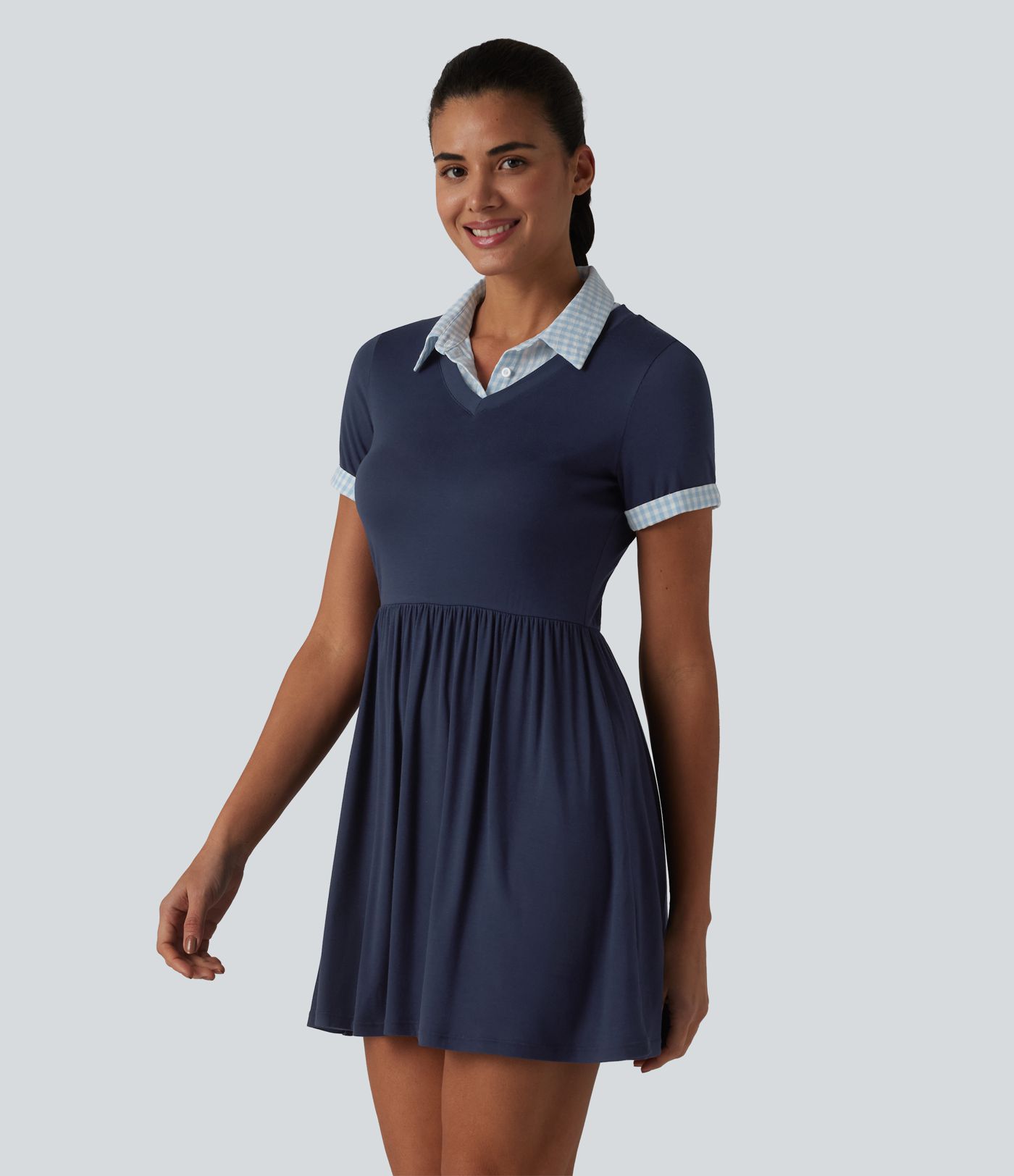 Ribbed Collar Short Sleeve Contrast Plaid A-line Mini Casual Dress