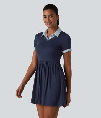 Ribbed Collar Short Sleeve Contrast Plaid A-line Mini Casual Dress