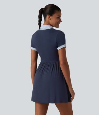 Ribbed Collar Short Sleeve Contrast Plaid A-line Mini Casual Dress