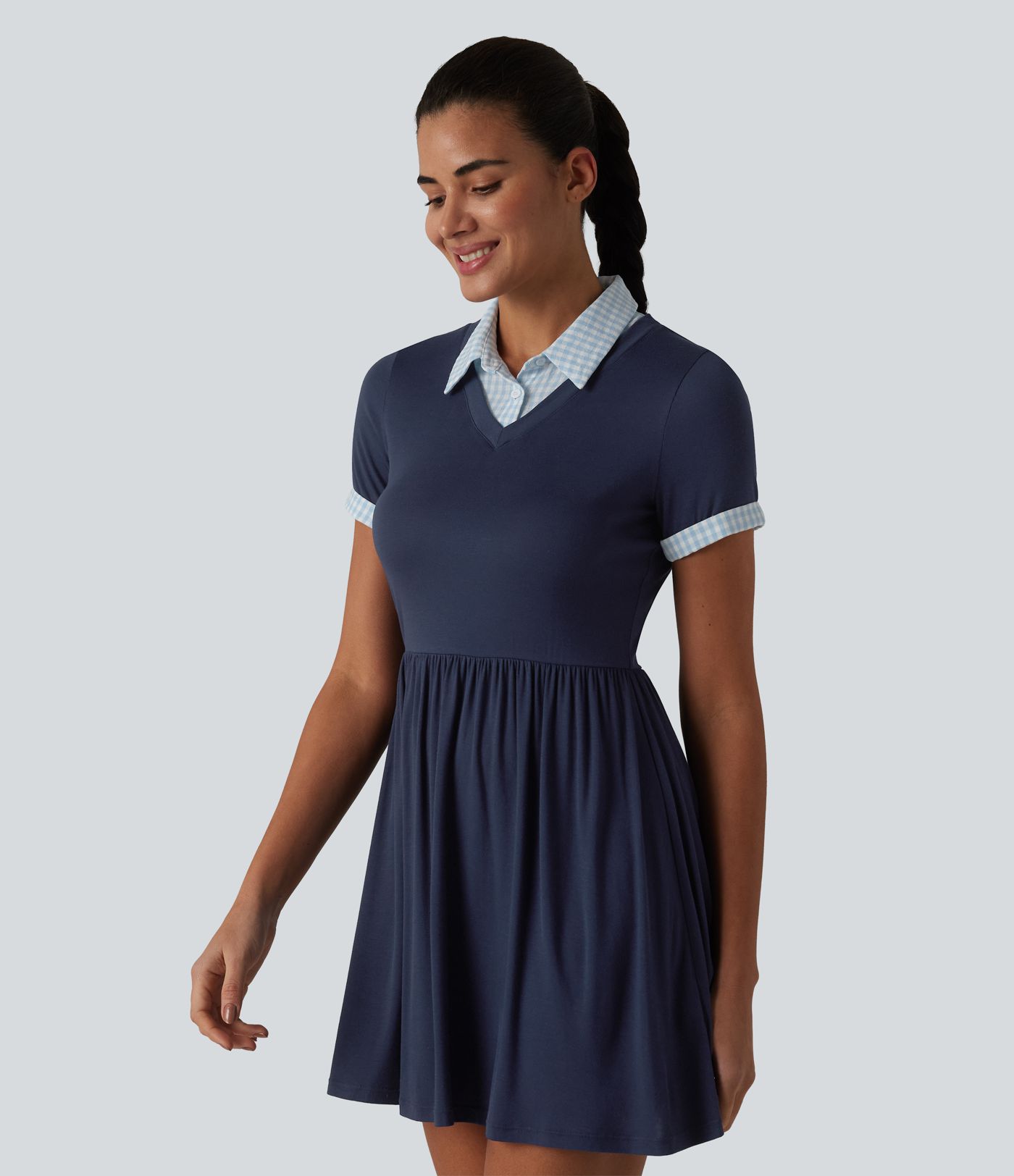 Ribbed Collar Short Sleeve Contrast Plaid A-line Mini Casual Dress