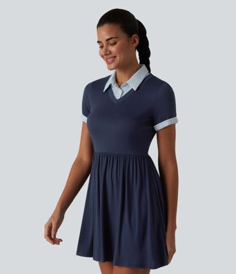 Ribbed Collar Short Sleeve Contrast Plaid A-line Mini Casual Dress