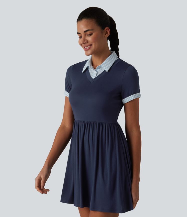 Ribbed Collar Short Sleeve Contrast Plaid A-line Mini Casual Dress