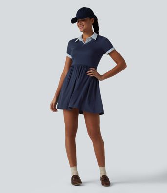 Ribbed Collar Short Sleeve Contrast Plaid A-line Mini Casual Dress
