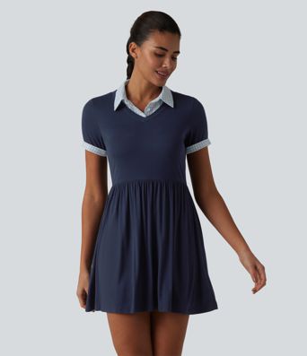 Ribbed Collar Short Sleeve Contrast Plaid A-line Mini Casual Dress