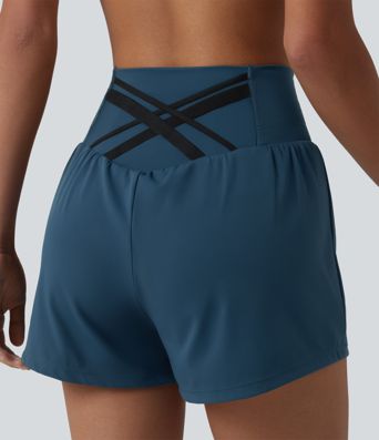 SoftlyZero™ Airy High Waisted Crossover Back 2-in-1 Cool Touch Yoga Shorts with Pocket