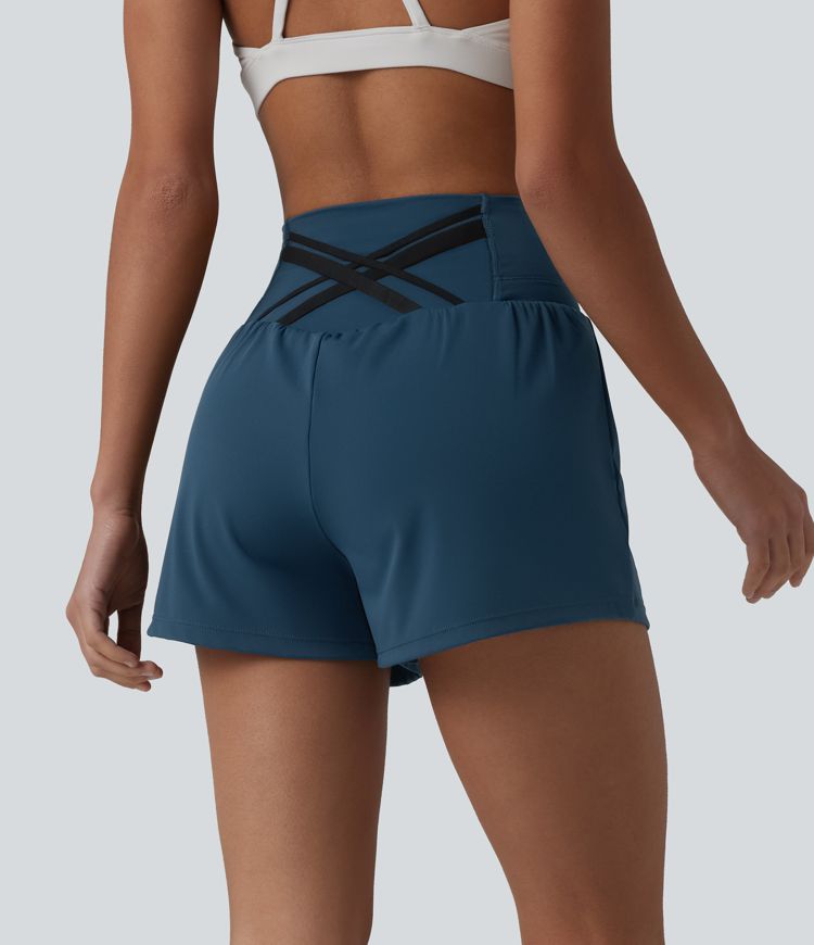 SoftlyZero™ Airy High Waisted Crossover Back 2-in-1 Cool Touch Yoga Shorts with Pocket