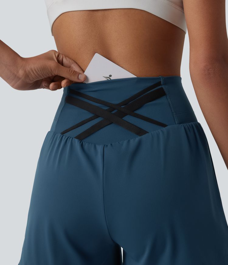 SoftlyZero™ Airy High Waisted Crossover Back 2-in-1 Cool Touch Yoga Shorts with Pocket