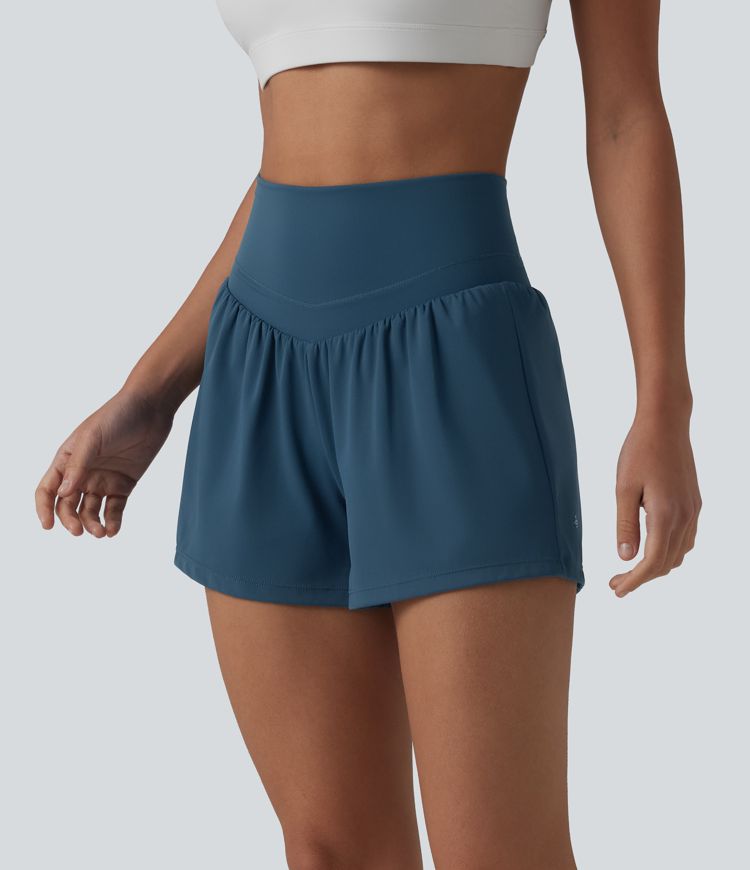 SoftlyZero™ Airy High Waisted Crossover Back 2-in-1 Cool Touch Yoga Shorts with Pocket