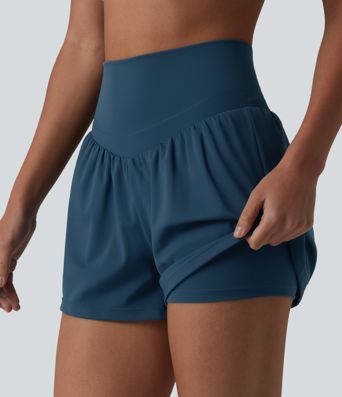 SoftlyZero™ Airy High Waisted Crossover Back 2-in-1 Cool Touch Yoga Shorts with Pocket