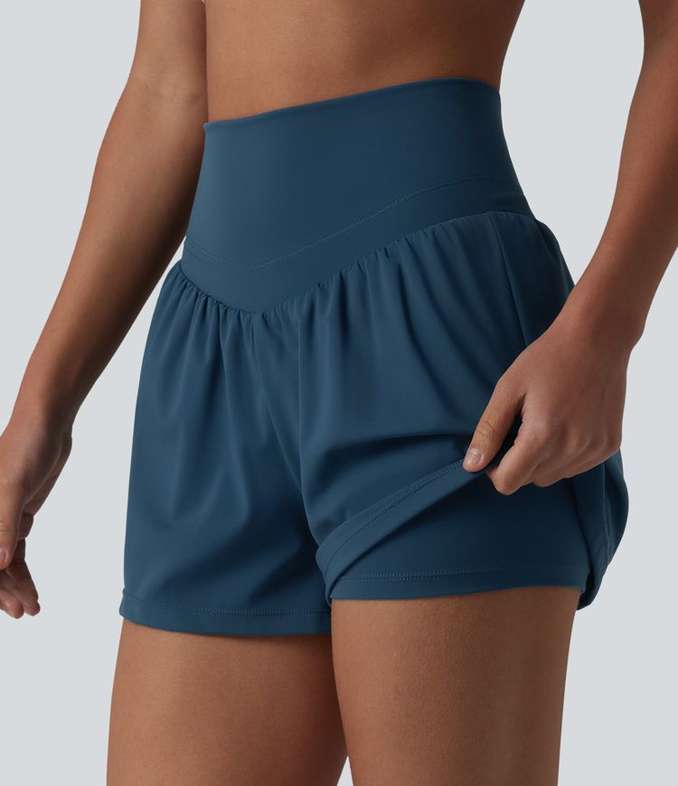 SoftlyZero™ Airy High Waisted Crossover Back 2-in-1 Cool Touch Yoga Shorts with Pocket