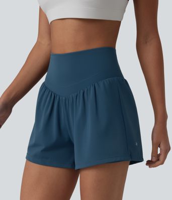 SoftlyZero™ Airy High Waisted Crossover Back 2-in-1 Cool Touch Yoga Shorts with Pocket