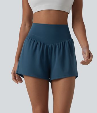 SoftlyZero™ Airy High Waisted Crossover Back 2-in-1 Cool Touch Yoga Shorts with Pocket