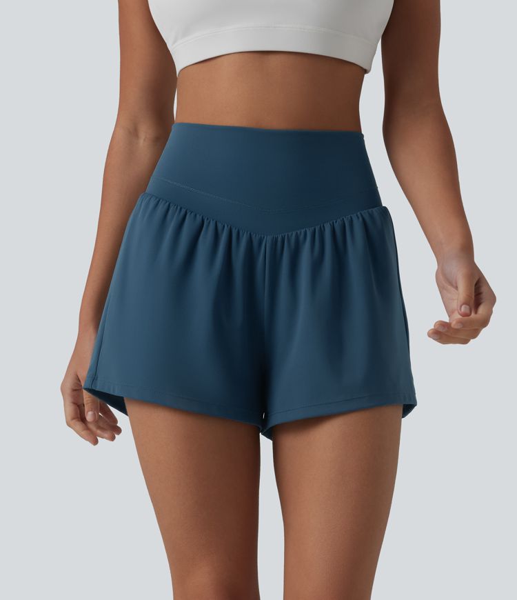 SoftlyZero™ Airy High Waisted Crossover Back 2-in-1 Cool Touch Yoga Shorts with Pocket
