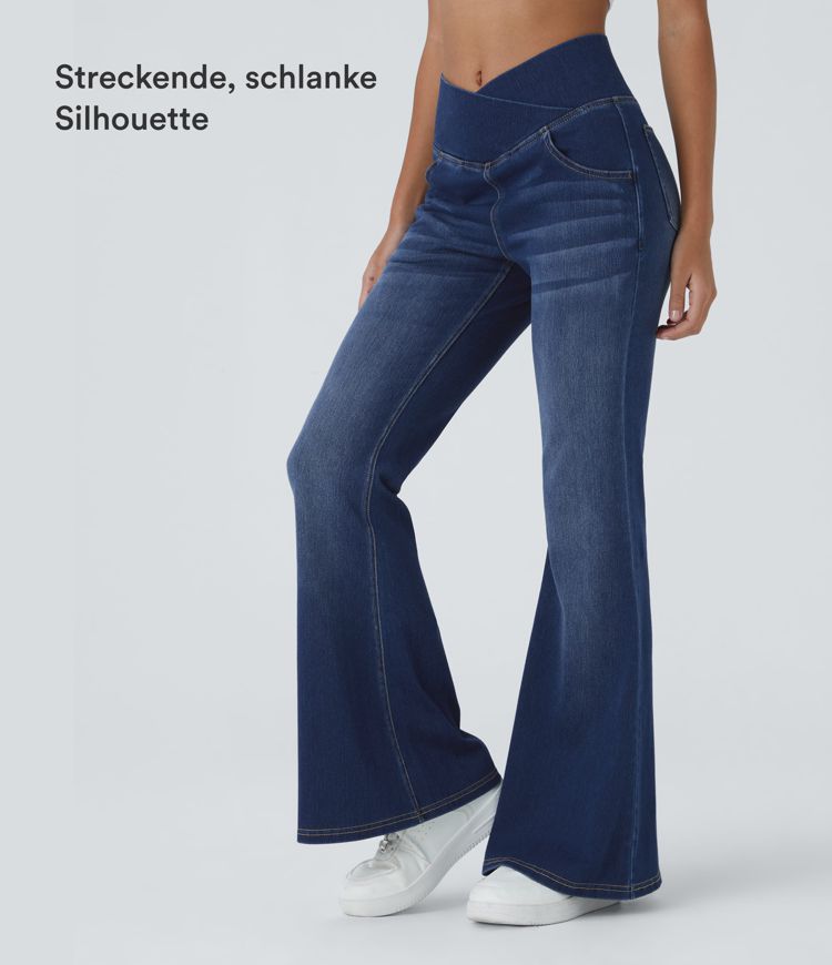 Halara Flex™ Washed Crossover Flared Jeans in stretchy knit denim with high waist and side pockets